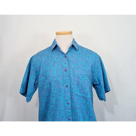 Vintage 90s Blouse Blue Purple Print Top Shirt LL Bean Cool Weave Misses Size S - Picture 2 of 6